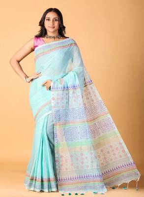 Sky blue handblock printed saree with blouse 1