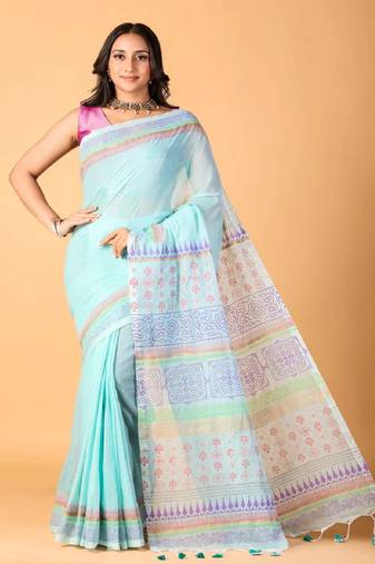 Sky blue handblock printed saree with blouse