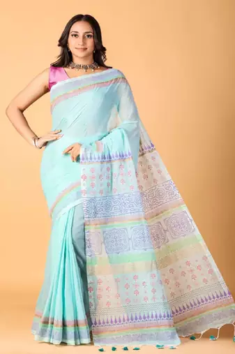 Sky blue handblock printed saree with blouse