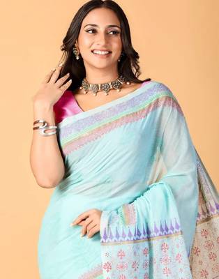 Sky blue handblock printed saree with blouse 2