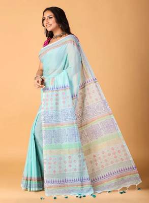 Sky blue handblock printed saree with blouse 3