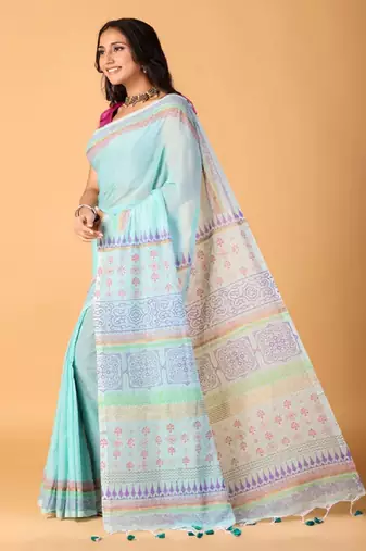 Sky blue handblock printed saree with blouse