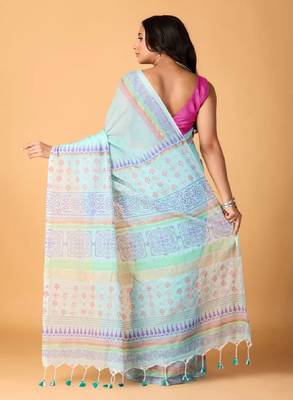 Sky blue handblock printed saree with blouse 4