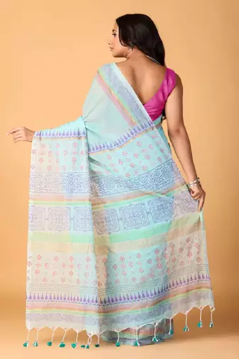 Sky blue handblock printed saree with blouse