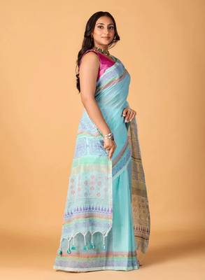 Sky blue handblock printed saree with blouse 5
