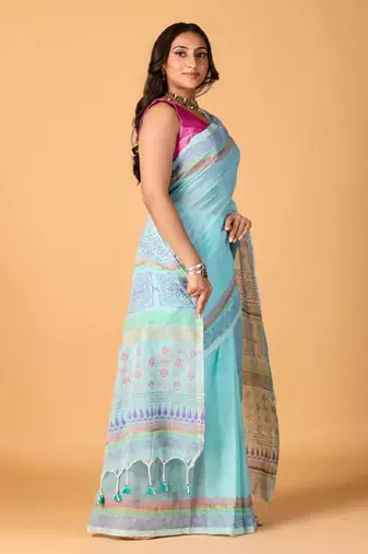 Sky blue handblock printed saree with blouse