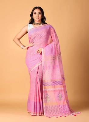 Pink handblock printed saree with blouse 1