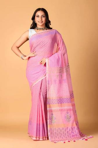 Pink handblock printed saree with blouse