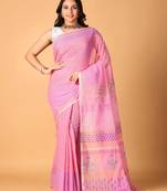 Pink handblock printed saree with blouse