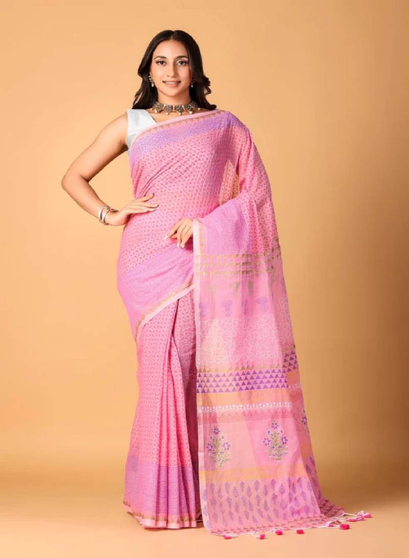 Pink handblock printed saree with blouse