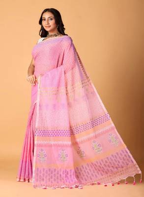 Pink handblock printed saree with blouse 2