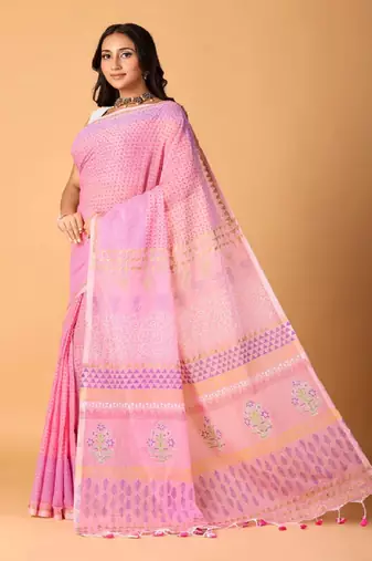 Pink handblock printed saree with blouse