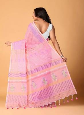 Pink handblock printed saree with blouse 3
