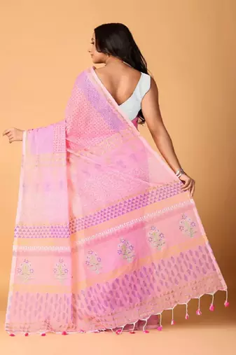 Pink handblock printed saree with blouse