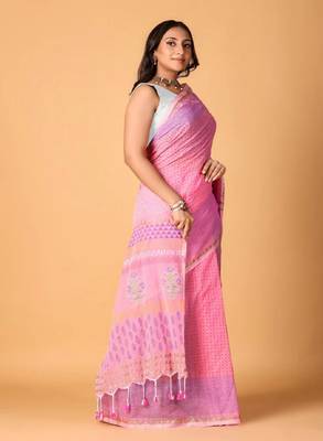 Pink handblock printed saree with blouse 4