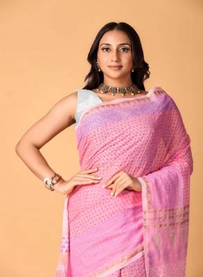 Pink handblock printed saree with blouse 5