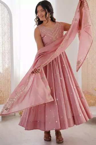 baby pink  silk blend blend  embroidered with sequence anarkali suit