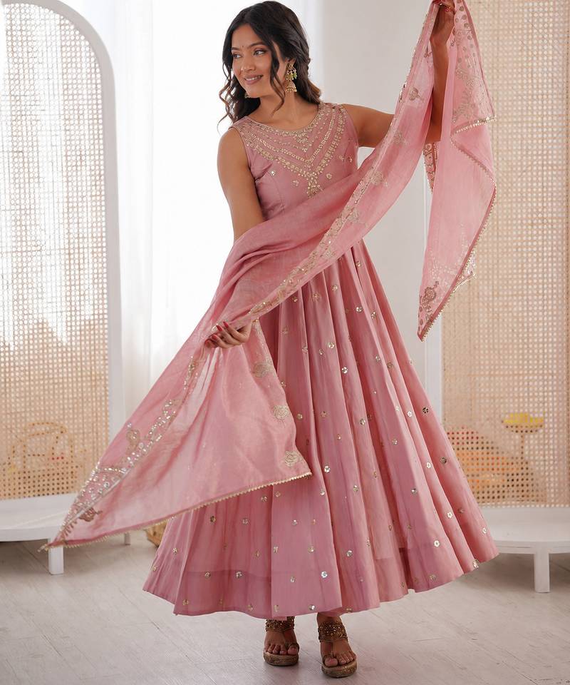 baby pink  silk blend blend  embroidered with sequence anarkali suit