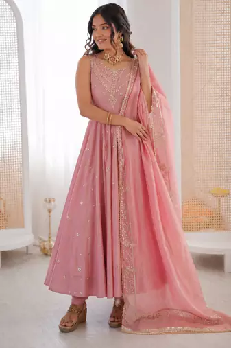 baby pink  silk blend blend  embroidered with sequence anarkali suit
