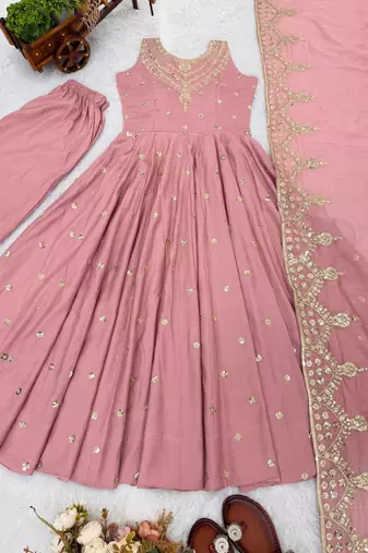 baby pink  silk blend blend  embroidered with sequence anarkali suit