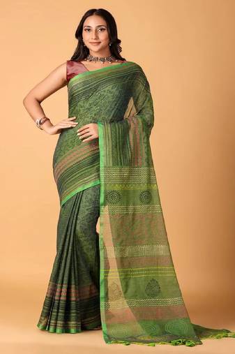 Green handblock printed saree with blouse