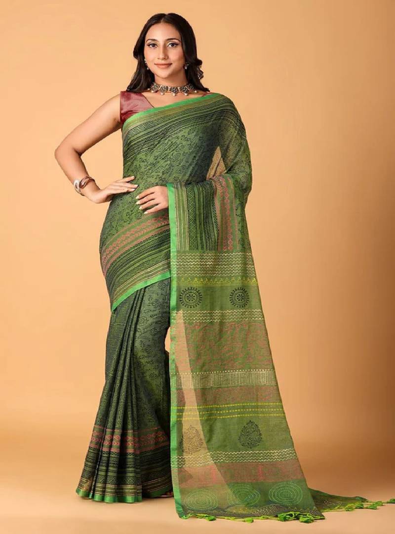 Green handblock printed saree with blouse