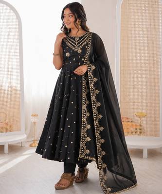 black  silk blend embroidered with sequence anarkali suit 1