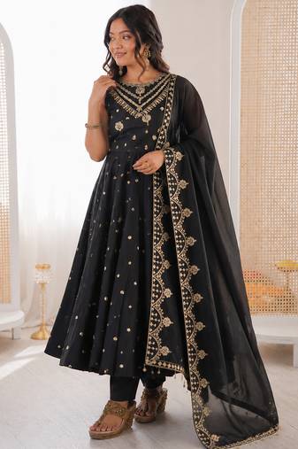 black  silk blend embroidered with sequence anarkali suit