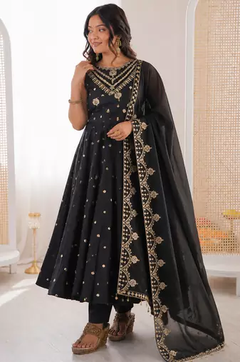 black  silk blend embroidered with sequence anarkali suit