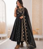 black  silk blend embroidered with sequence anarkali suit