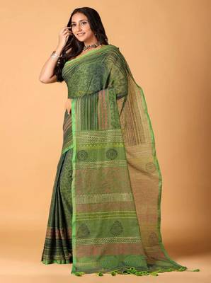 Green handblock printed saree with blouse 2