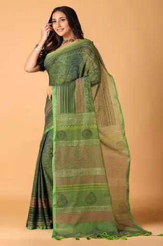 Green handblock printed saree with blouse