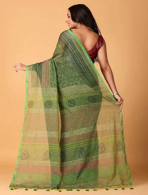 Green handblock printed saree with blouse 3