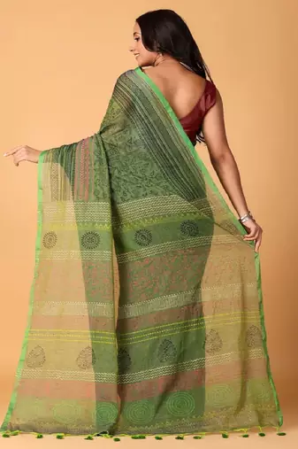 Green handblock printed saree with blouse