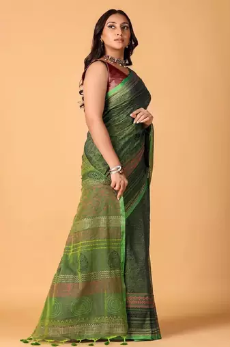 Green handblock printed saree with blouse