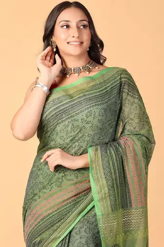 Green handblock printed saree with blouse