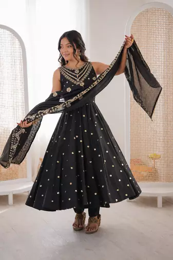 black  silk blend embroidered with sequence anarkali suit