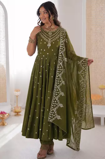 mehendi  silk blend embroidered with sequence anarkali suit