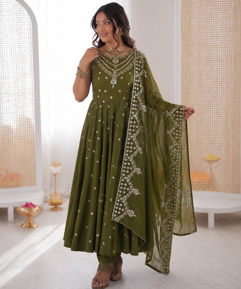 mehendi  silk blend embroidered with sequence anarkali suit