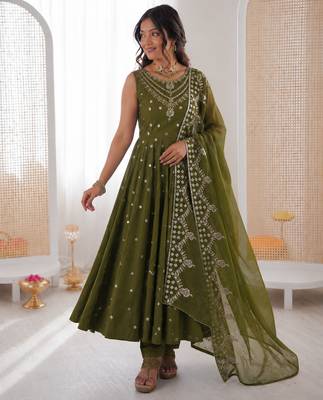 mehendi  silk blend embroidered with sequence anarkali suit 2