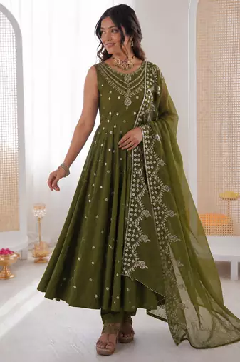 mehendi  silk blend embroidered with sequence anarkali suit
