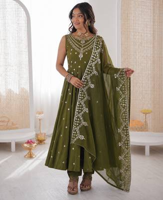 mehendi  silk blend embroidered with sequence anarkali suit 3