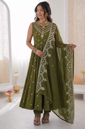 mehendi  silk blend embroidered with sequence anarkali suit
