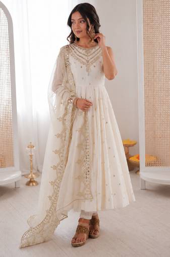 off white  silk blend embroidered with sequence anarkali suit