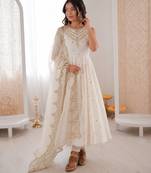 off white  silk blend embroidered with sequence anarkali suit