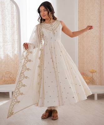 off white  silk blend embroidered with sequence anarkali suit 2