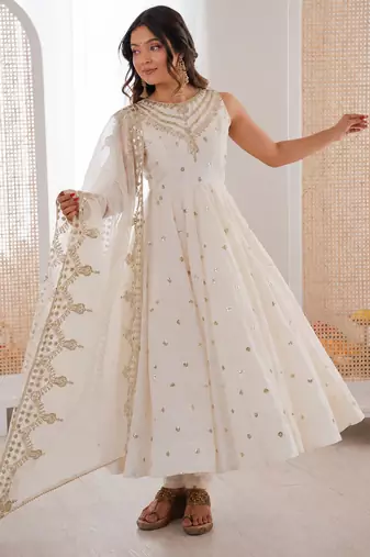 off white  silk blend embroidered with sequence anarkali suit