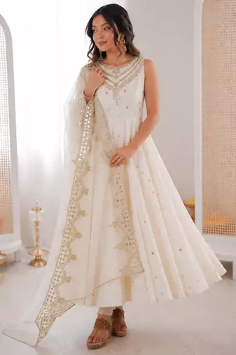 off white  silk blend embroidered with sequence anarkali suit