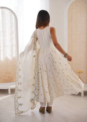 off white  silk blend embroidered with sequence anarkali suit 4