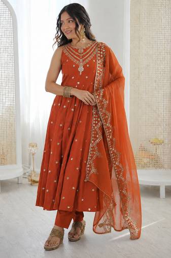 orange  silk blend embroidered with sequence anarkali suit